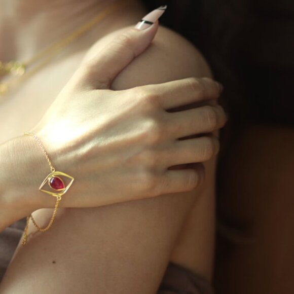 Sterling Silver Natural Aventurine Red Stone Chain Bracelets – 18k Gold Plated - Picture 1 of 11